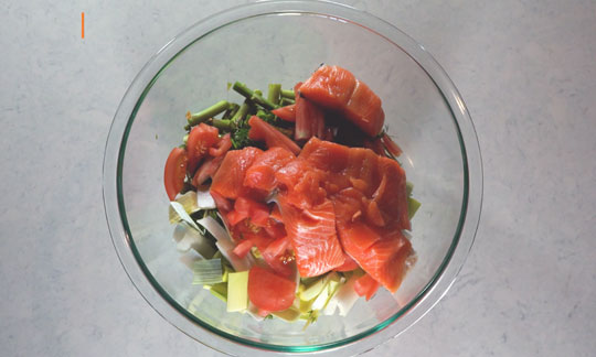 Asparagus and salmon in bowl